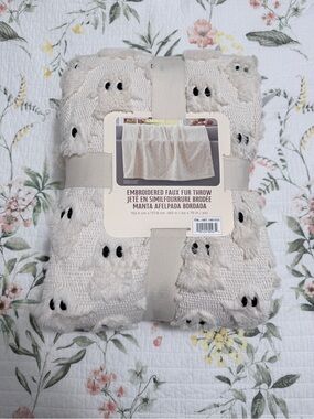 Embroidered Faux Fur Throw Blanket - Cream